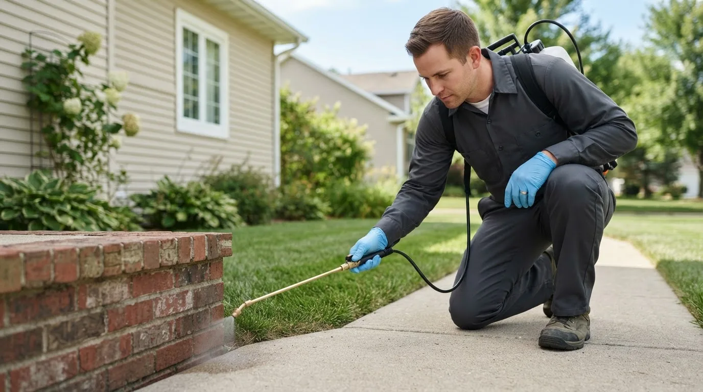 Pest control technician treating a home near Sandwich, MA